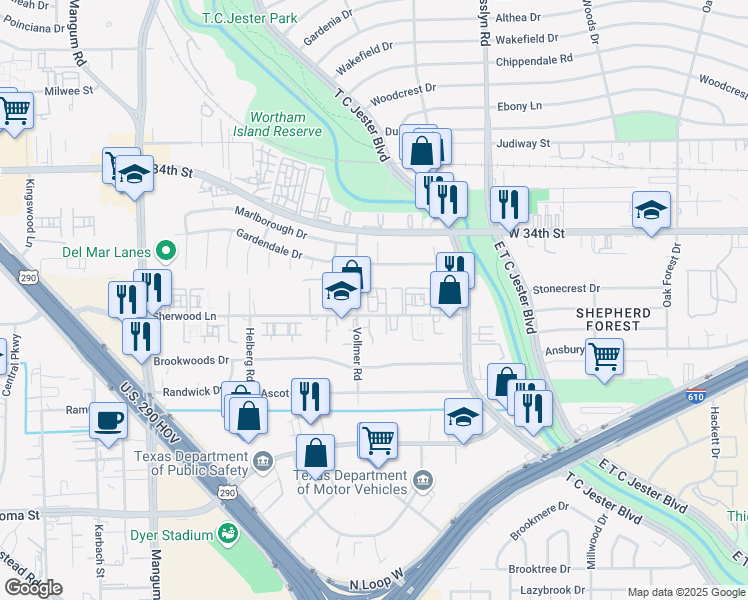 map of restaurants, bars, coffee shops, grocery stores, and more near 2814 Old Pecan Grove Lane in Houston