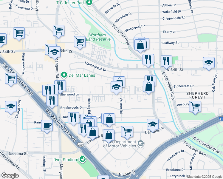 map of restaurants, bars, coffee shops, grocery stores, and more near 4011 Sherwood Lane in Houston
