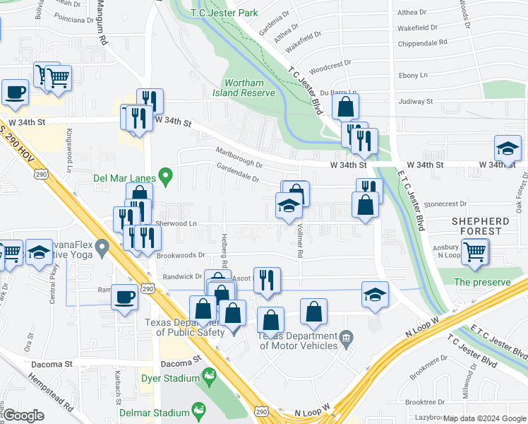 map of restaurants, bars, coffee shops, grocery stores, and more near in Houston