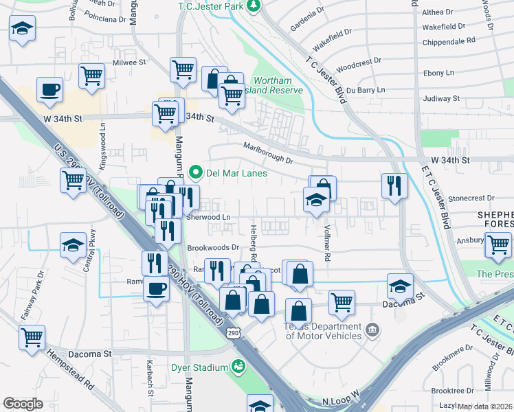 map of restaurants, bars, coffee shops, grocery stores, and more near 4211 Sherwood Lane in Houston