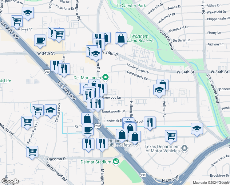 map of restaurants, bars, coffee shops, grocery stores, and more near 20 Sherwood Lane in Houston
