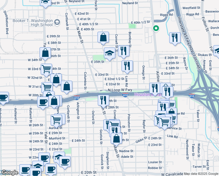 map of restaurants, bars, coffee shops, grocery stores, and more near 711 North Loop in Houston