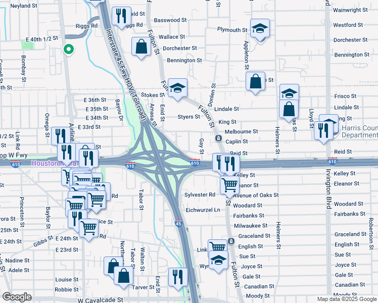 map of restaurants, bars, coffee shops, grocery stores, and more near Kirkwood Street in Houston