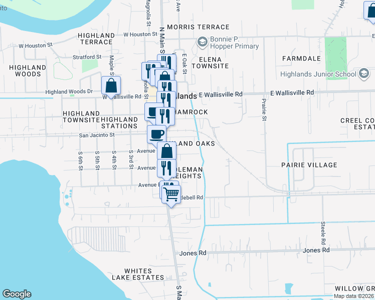 map of restaurants, bars, coffee shops, grocery stores, and more near 210 East San Jacinto Street in Highlands