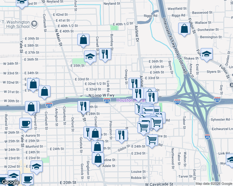 map of restaurants, bars, coffee shops, grocery stores, and more near 917 East 32nd Street in Houston