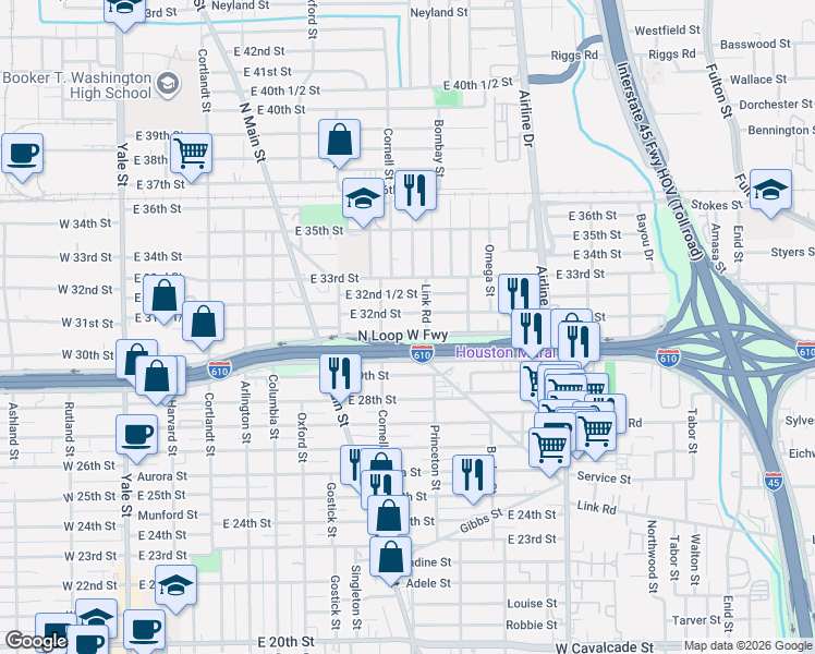 map of restaurants, bars, coffee shops, grocery stores, and more near 823 East 32nd Street in Houston