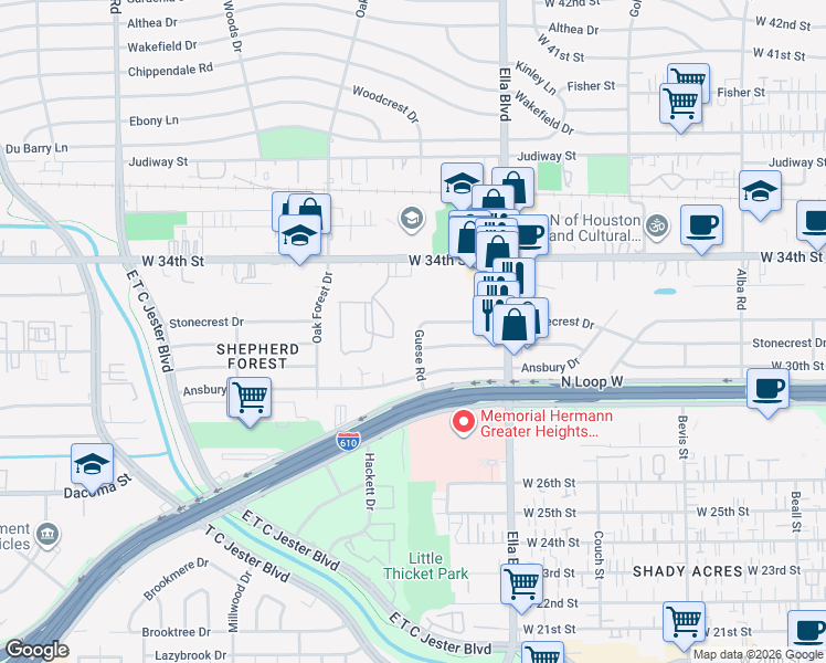 map of restaurants, bars, coffee shops, grocery stores, and more near 1734 Stonecrest Drive in Houston