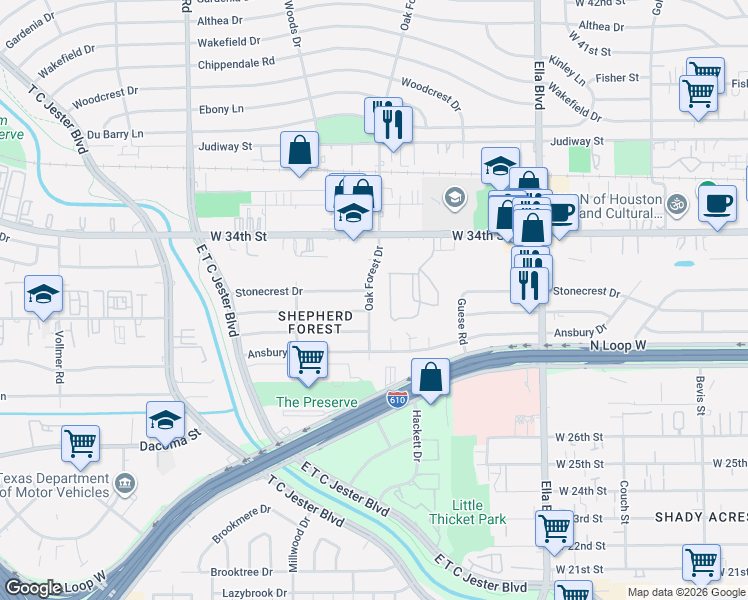 map of restaurants, bars, coffee shops, grocery stores, and more near 3058 Oak Forest Drive in Houston