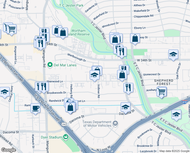 map of restaurants, bars, coffee shops, grocery stores, and more near 4015 Gardendale Drive in Houston