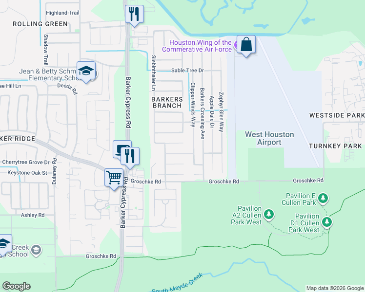 map of restaurants, bars, coffee shops, grocery stores, and more near 18207 Tangle Tree Lane in Houston