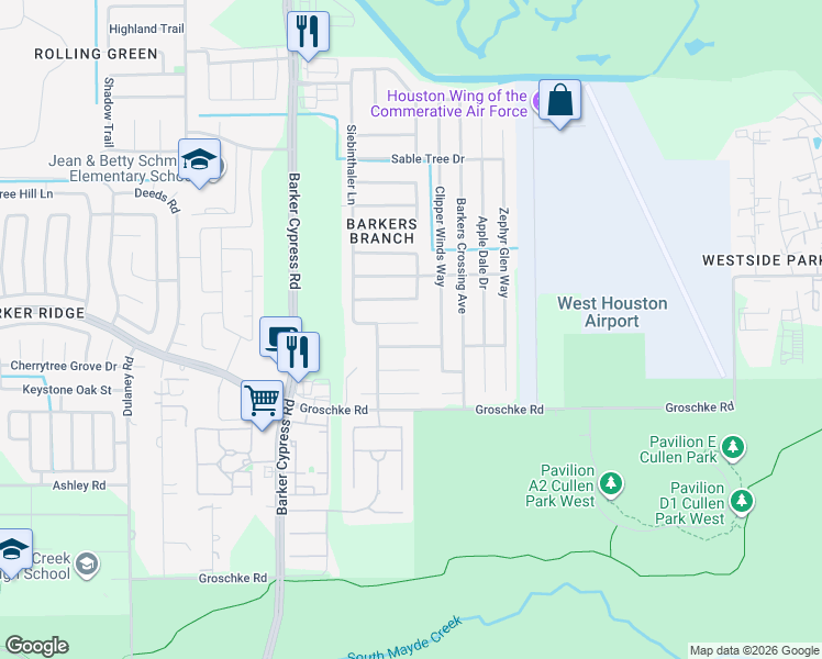 map of restaurants, bars, coffee shops, grocery stores, and more near 18207 Tangle Tree Lane in Houston