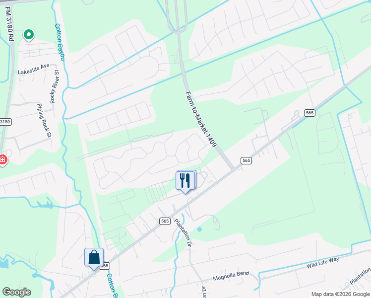 map of restaurants, bars, coffee shops, grocery stores, and more near 6103 Coral Cove Road in Mont Belvieu