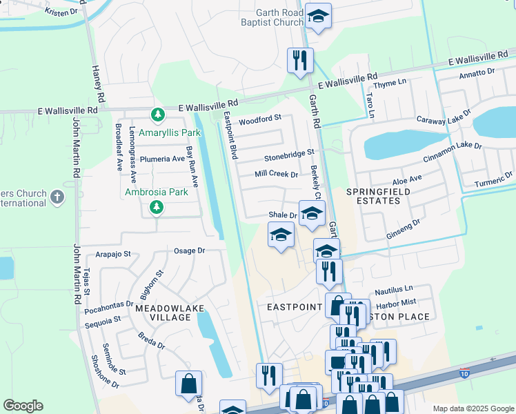 map of restaurants, bars, coffee shops, grocery stores, and more near 4706 Basalt Drive in Baytown