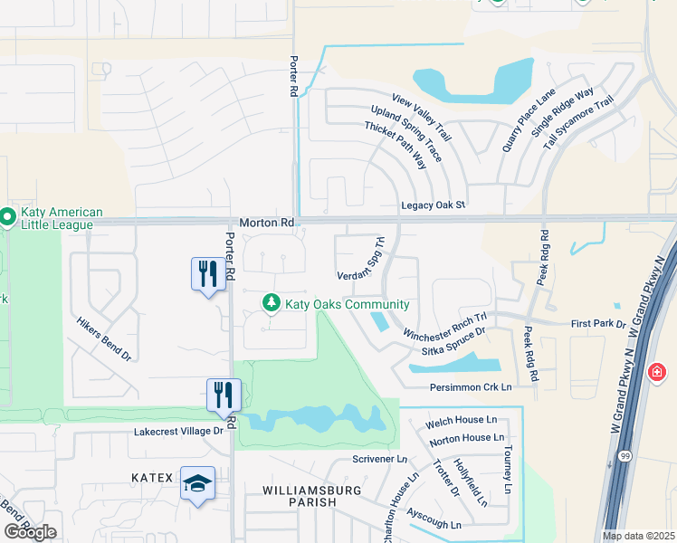 map of restaurants, bars, coffee shops, grocery stores, and more near 2927 Mountain Elm Trail in Katy