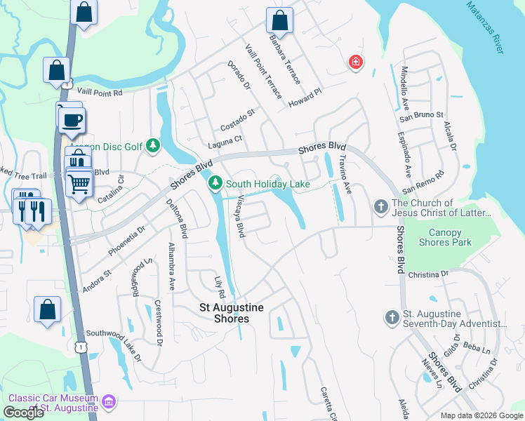map of restaurants, bars, coffee shops, grocery stores, and more near 274 Almansa Road in St. Augustine