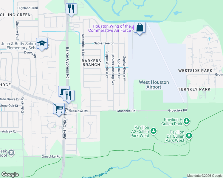 map of restaurants, bars, coffee shops, grocery stores, and more near 3227 Barkers Crossing Avenue in Houston