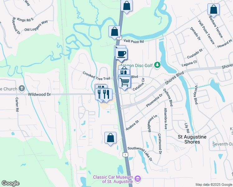 map of restaurants, bars, coffee shops, grocery stores, and more near U.S. 1 & Wildwood Drive in Saint Augustine