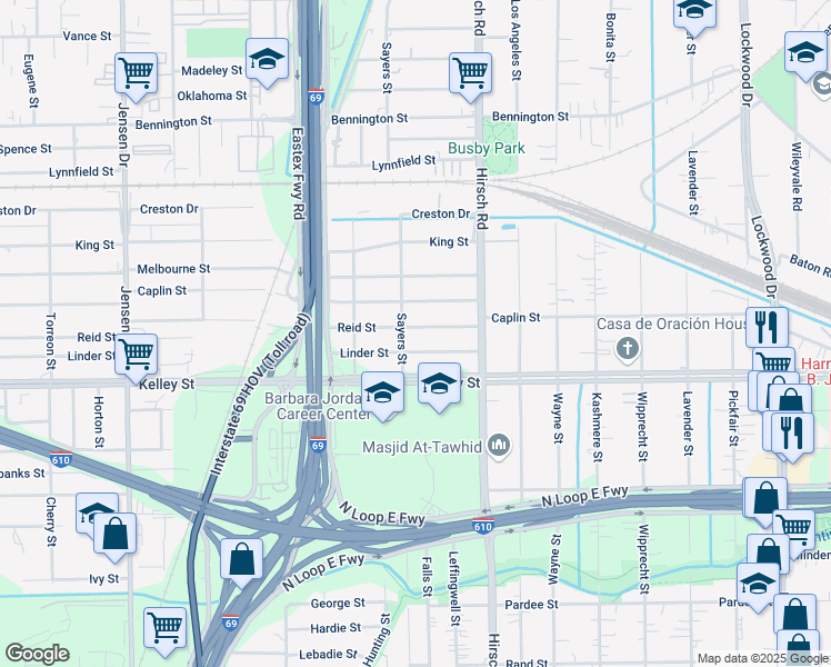 map of restaurants, bars, coffee shops, grocery stores, and more near 4017 Reid Street in Houston
