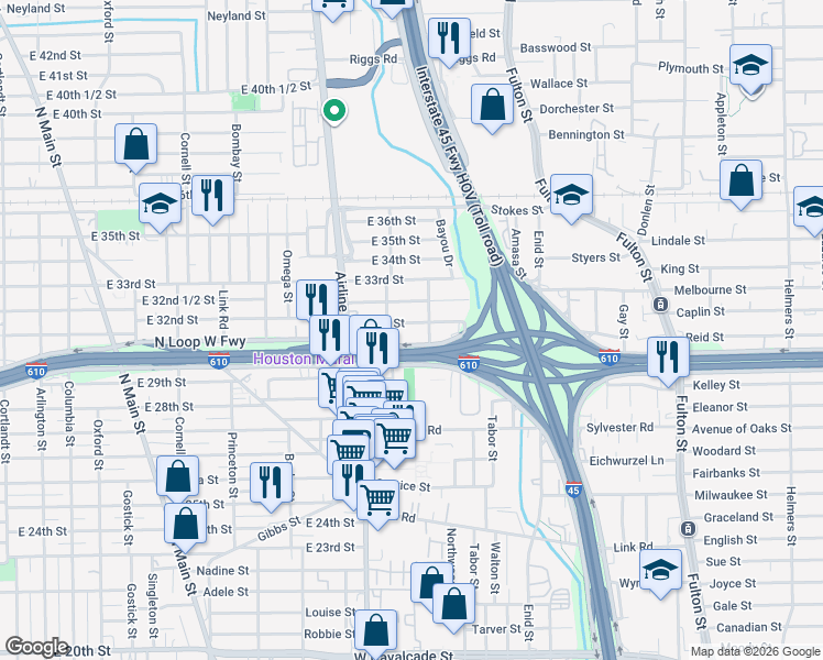 map of restaurants, bars, coffee shops, grocery stores, and more near 1415 East 31st Street in Houston