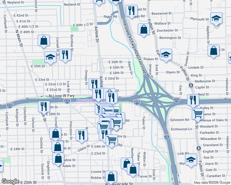 map of restaurants, bars, coffee shops, grocery stores, and more near 1415 East 31st Street in Houston