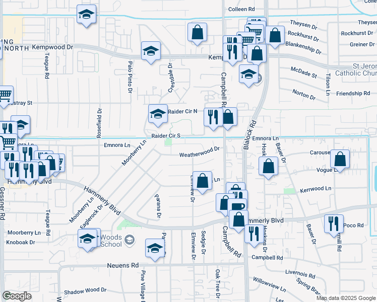 map of restaurants, bars, coffee shops, grocery stores, and more near 9530 Emnora Lane in Houston
