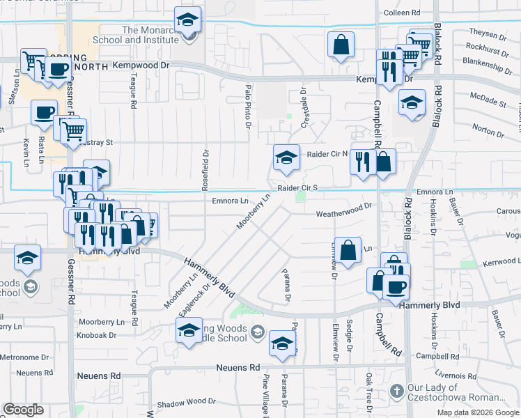 map of restaurants, bars, coffee shops, grocery stores, and more near 9510 Moorberry Lane in Houston