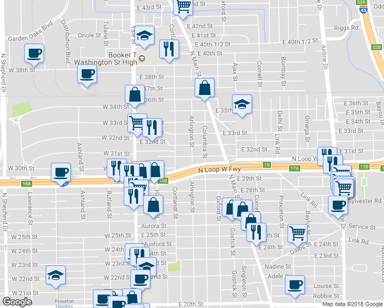 map of restaurants, bars, coffee shops, grocery stores, and more near 1738 Arlington Street in Houston