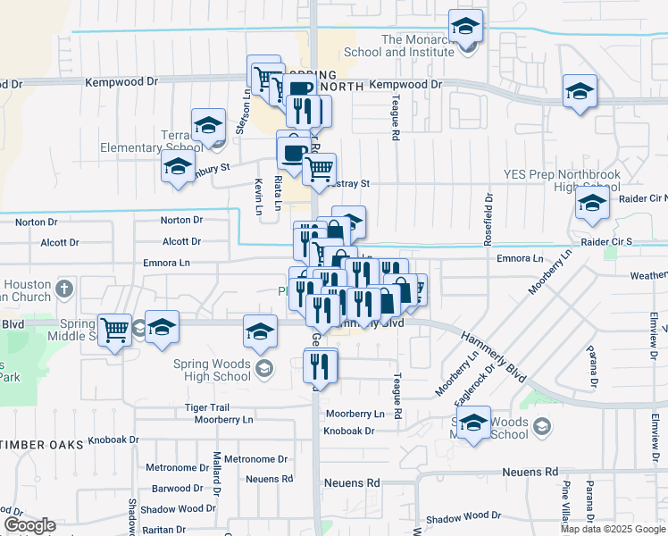 map of restaurants, bars, coffee shops, grocery stores, and more near 10170 Emnora Ln in Houston