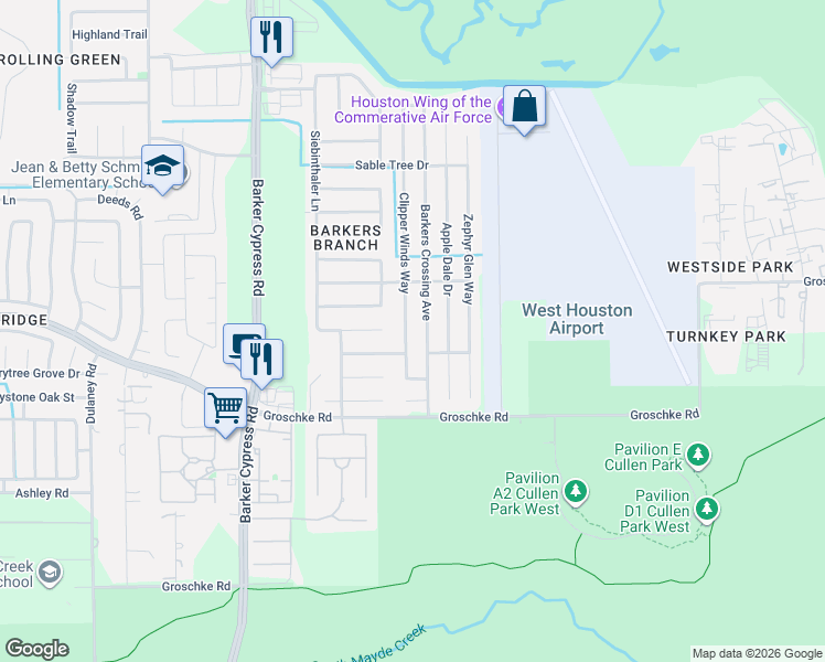 map of restaurants, bars, coffee shops, grocery stores, and more near 3227 Barkers Crossing Avenue in Houston