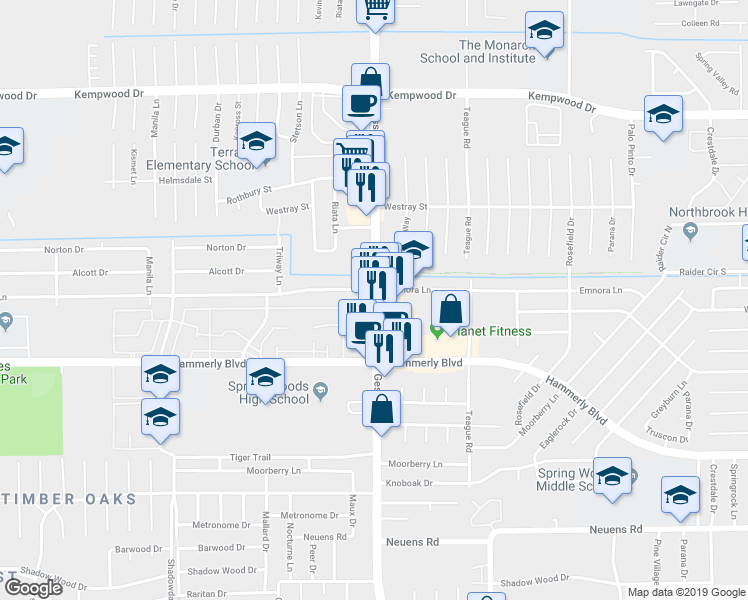 map of restaurants, bars, coffee shops, grocery stores, and more near 2405 Gessner Drive in Houston
