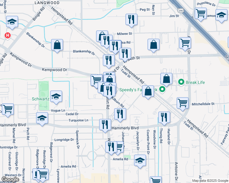 map of restaurants, bars, coffee shops, grocery stores, and more near 11615 Shoshone Road in Houston