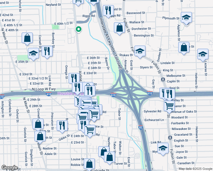 map of restaurants, bars, coffee shops, grocery stores, and more near 1511 East 31st Street in Houston