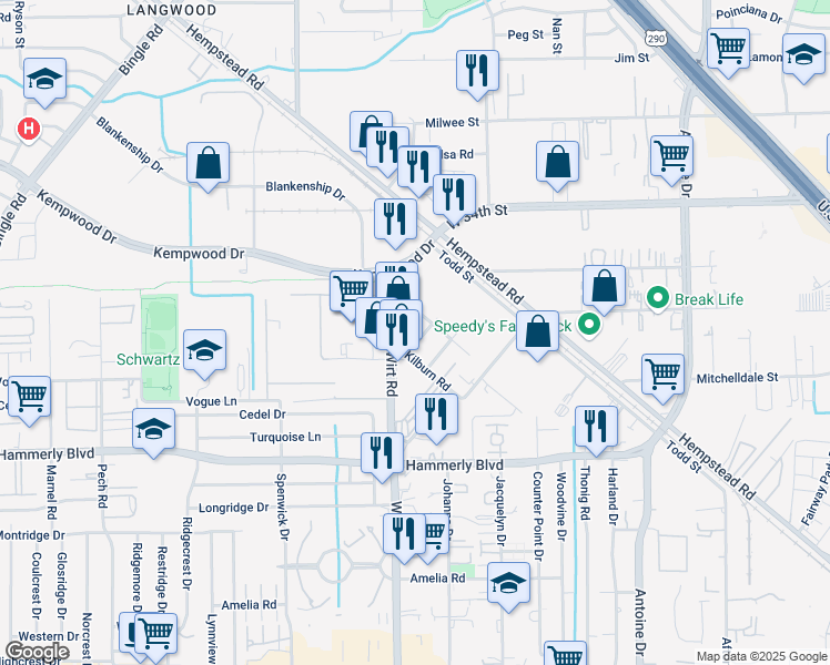map of restaurants, bars, coffee shops, grocery stores, and more near 11615 Shoshone Road in Houston
