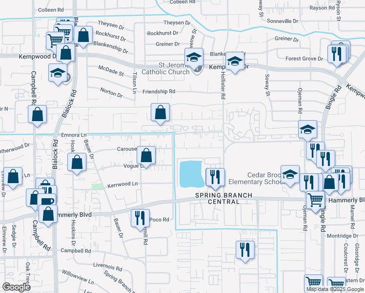 map of restaurants, bars, coffee shops, grocery stores, and more near 8910 Carousel Lane in Houston