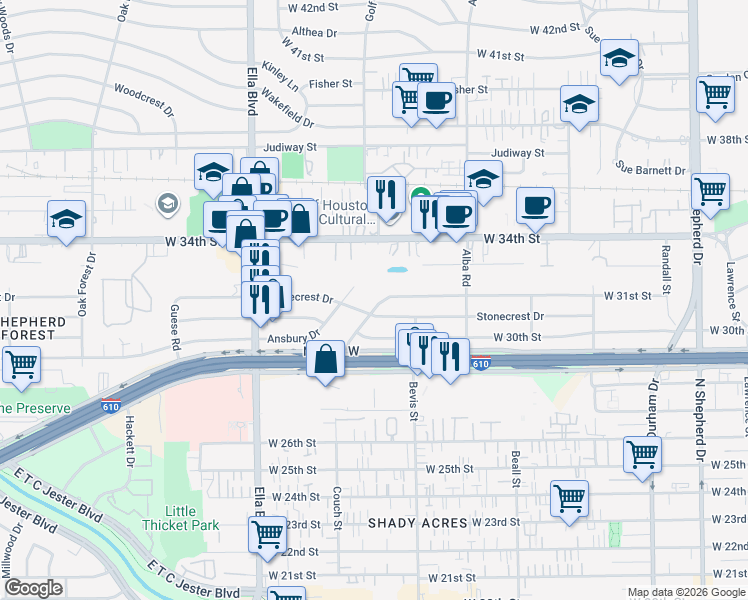 map of restaurants, bars, coffee shops, grocery stores, and more near 1234 West 31st Street in Houston