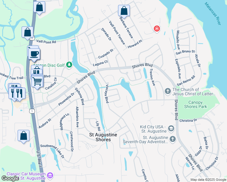 map of restaurants, bars, coffee shops, grocery stores, and more near 274 Almansa Road in St. Augustine