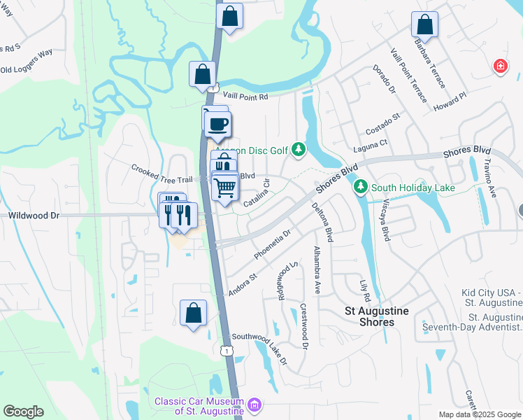map of restaurants, bars, coffee shops, grocery stores, and more near 894 Palermo Road in St. Augustine