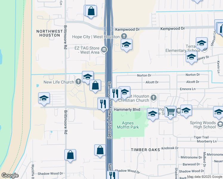 map of restaurants, bars, coffee shops, grocery stores, and more near 2470 West Sam Houston Parkway North in Houston