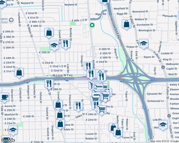 map of restaurants, bars, coffee shops, grocery stores, and more near 1211 East 32nd Street in Houston