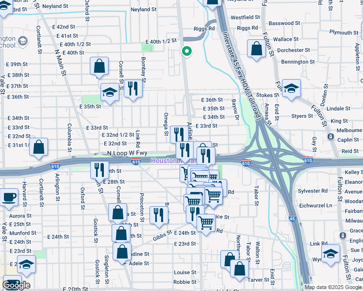 map of restaurants, bars, coffee shops, grocery stores, and more near 1211 East 32nd Street in Houston