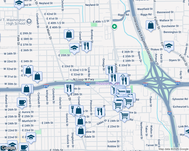 map of restaurants, bars, coffee shops, grocery stores, and more near 917 East 32nd Street in Houston