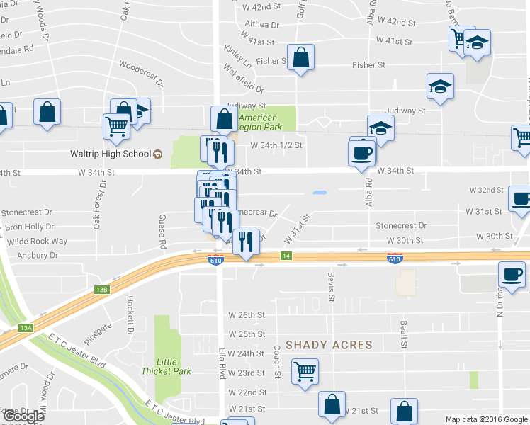 map of restaurants, bars, coffee shops, grocery stores, and more near 1415 Stonecrest Drive in Houston