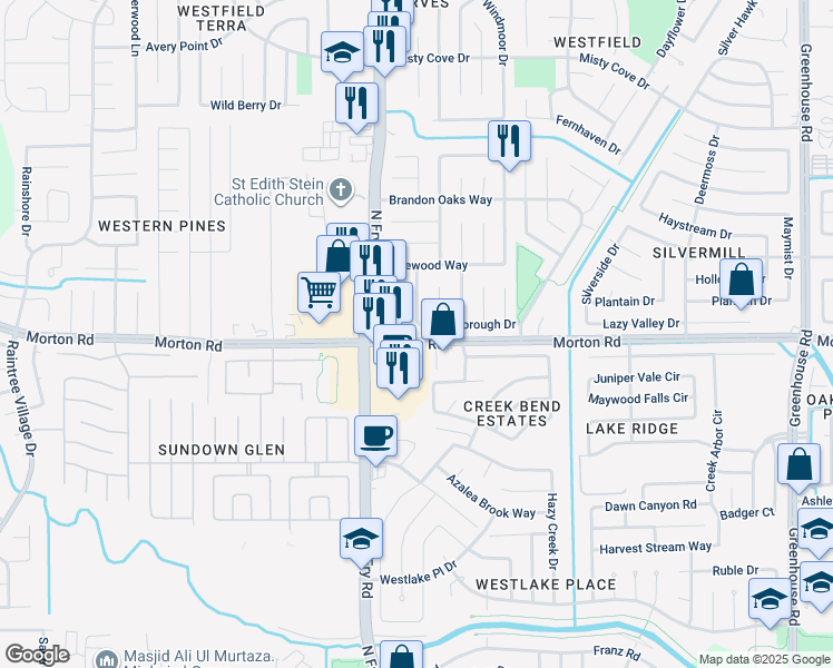 map of restaurants, bars, coffee shops, grocery stores, and more near 3103 Williams Circle in Katy