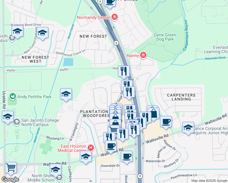map of restaurants, bars, coffee shops, grocery stores, and more near 6301 Pale Sage Drive in Houston