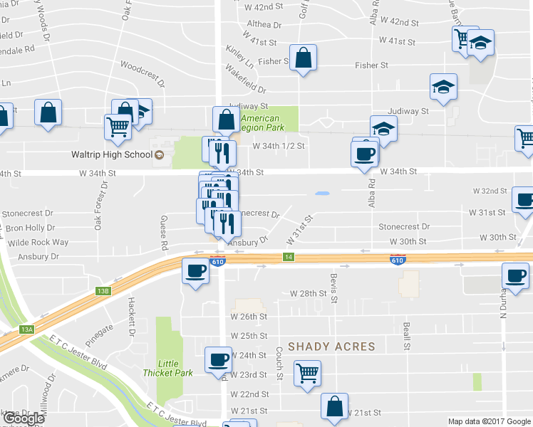 map of restaurants, bars, coffee shops, grocery stores, and more near 1415 Stonecrest Drive in Houston