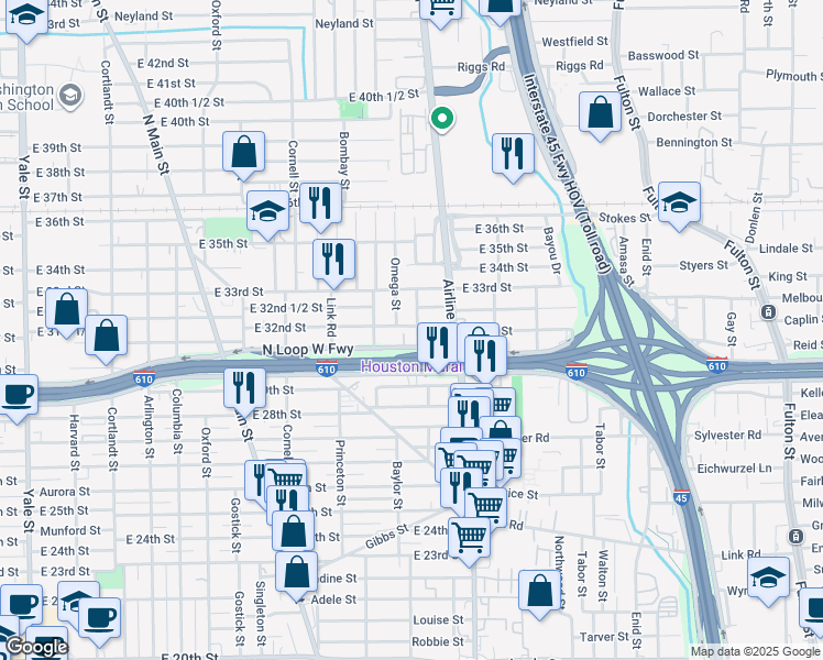 map of restaurants, bars, coffee shops, grocery stores, and more near 1011 East 32nd Street in Houston