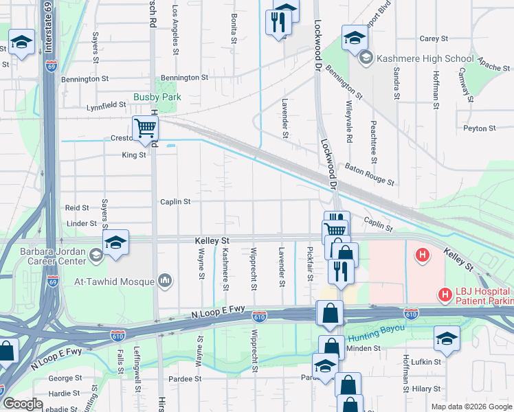 map of restaurants, bars, coffee shops, grocery stores, and more near 4815 Caplin Street in Houston