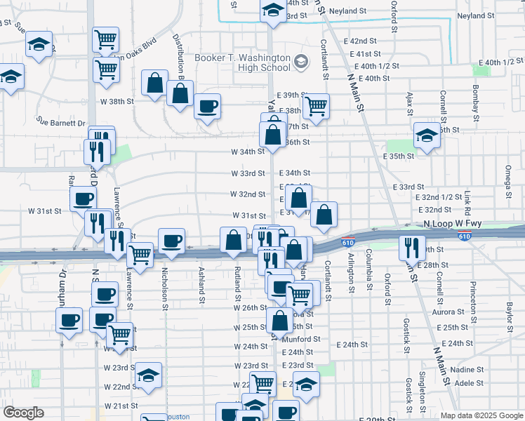 map of restaurants, bars, coffee shops, grocery stores, and more near 211 West 32nd Street in Houston