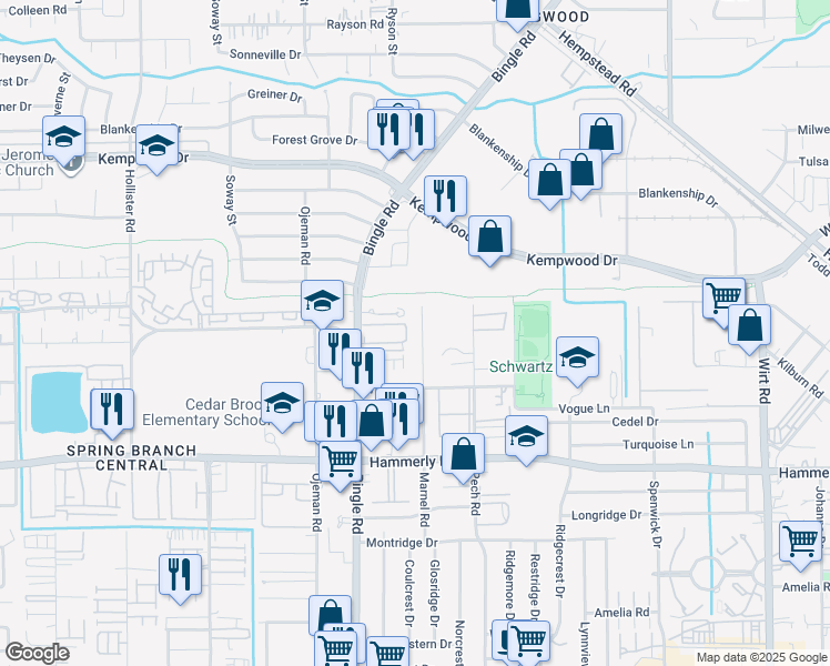 map of restaurants, bars, coffee shops, grocery stores, and more near 2225 Marnel Road in Houston