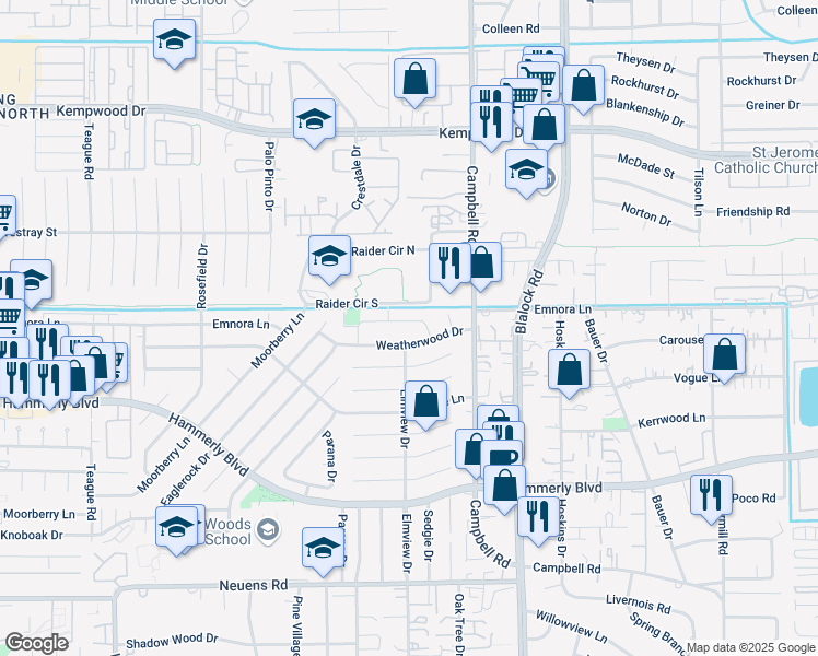 map of restaurants, bars, coffee shops, grocery stores, and more near 9530 Emnora Lane in Houston